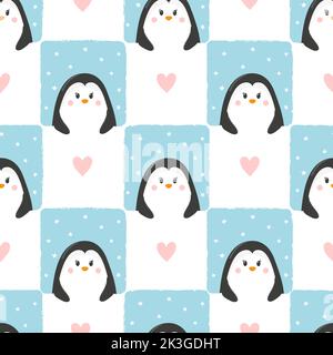 Seamless checked pattern with cute cartoon penguins. Vector childish illustration Stock Vector
