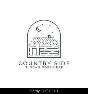 Country side outline logo design vector. Vector line with cabins at the night for outdoor family camp. Stock Vector