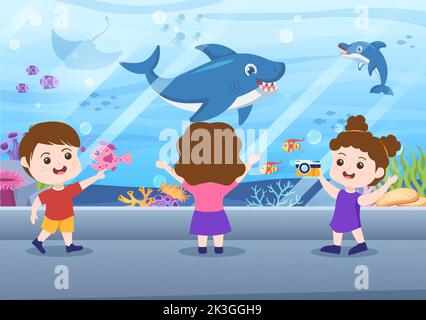 Aquarium Template Hand Drawn Cartoon Flat Illustration with Kids Looking at Underwater Fish, Sea Animals Variety, Marine Flora and Fauna Stock Vector