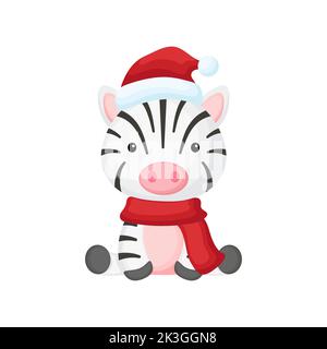 Cute little hippo zebra in a Santa hat and red scarf. Cartoon animal character for kids t-shirts, nursery decoration, baby shower, greeting card, invi Stock Vector