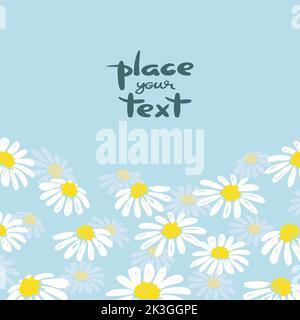 Daisy border. Vector background with white chamomiles on blue. Stock Vector