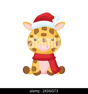 Cute little hippo giraffe in a Santa hat and red scarf. Cartoon animal character for kids t-shirts, nursery decoration, baby shower, greeting card, in Stock Vector