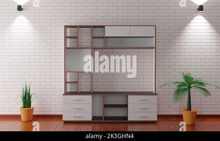 white showcase and cabinet in the living room.3d rendering. Stock Photo