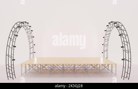 wood stage and speaker with spotlight on the truss system on the white background.3d redering. Stock Photo