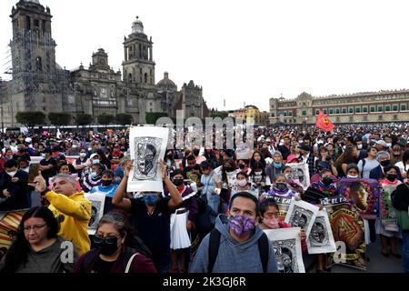 Mexico City, Mexico. 26th Sep, 2022. Persons take part during the demonstration to demnad justice for the crime as part of the 8th anniversary of the forced disappearance of the 43 normalistas of Ayotzinapa Zocalo in Mexico City. on September 26, 2022 in Mexico City, Mexico. (Credit Image: © Luis Barron Eyepix Group/eyepix via ZUMA Press Wire) Stock Photo