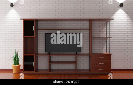 wood showcase and cabinet in the living room.3d rendering. Stock Photo