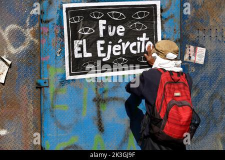 Mexico City, Mexico. 26th Sep, 2022. Persons take part during the demonstration to demnad justice for the crime as part of the 8th anniversary of the forced disappearance of the 43 normalistas of Ayotzinapa Zocalo in Mexico City. on September 26, 2022 in Mexico City, Mexico. (Credit Image: © Luis Barron Eyepix Group/eyepix via ZUMA Press Wire) Stock Photo