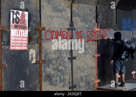 Mexico City, Mexico. 26th Sep, 2022. Persons take part during the demonstration to demnad justice for the crime as part of the 8th anniversary of the forced disappearance of the 43 normalistas of Ayotzinapa Zocalo in Mexico City. on September 26, 2022 in Mexico City, Mexico. (Credit Image: © Luis Barron Eyepix Group/eyepix via ZUMA Press Wire) Stock Photo