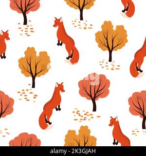 Foxes in the woodland. Seamless autumn forest pattern with cute animals. Stock Vector
