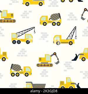Construction pattern with cartoon yellow trucks. Vector seamless machine background for kids. Stock Vector