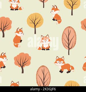 Cartoon foxes in the woodland. Seamless autumn forest pattern with cute animals. Stock Vector