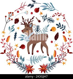 Magical winter, background with a cute deer in a scarf in a wreath, winter berries, bright flowers, colored leaves, snow.Scandinavian animal.Perfect for greeting cards, posters,flyers, banners.Vector Stock Vector