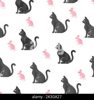Cute seamless vector pattern with watercolor black cats and pink mice. Stock Vector