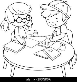 School children at a desk doing their homework. Vector black and white coloring page. Stock Vector