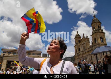 Bogota, Colombia, September 26, 2022. A demonstrator waves a Colombian flag during the first antigovernment protest against left-wing president Gustavo Petro and his initiative on a tax reform, in Bogota, Colombia, September 26, 2022. Photo by: Chepa Beltran/Long Visual Press Stock Photo