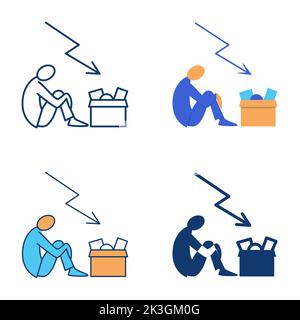Dismissal due to financial crisis icon set in flat and line style. Sad dismissed man sitting near box with things. Vector illustration. Stock Vector