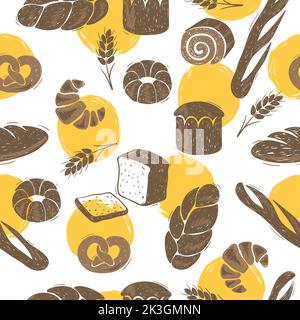 Seamless bakery pattern with bread. Doodle vector illustration. Stock Vector