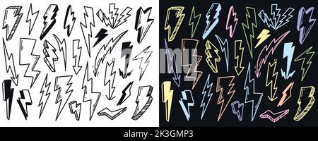 Hand drawn doodle lightning bolt signs set vector illustration. Different thunderbolts or electric discharges. Energy strike flash. Voltage warning symbols of electricity on black and white background Stock Vector