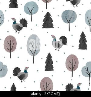 Seamless capercaillie bird pattern. Vector wood illustration with watercolor cartoon grouse and trees Stock Vector
