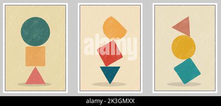 Set of abstract vector geometric compositions with a grunge texture. A wall drawing, poster, painting, or print in a minimalist style with colored geo Stock Vector