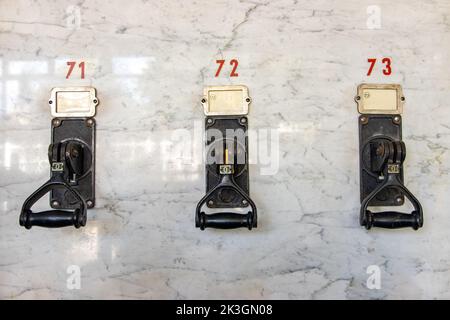 Retro electrical circuit breakers on the control panel Stock Photo