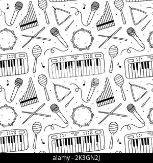 Cute seamless pattern with musical instruments - drumsticks, maracas, triangle, tambourine, microphone, electronic keyboard and pan flute Stock Vector