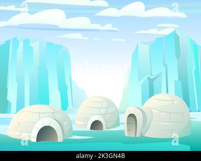 Snow igloo house. Ice landscape. Dwelling of northern nomadic peoples in Arctic. From ice and snow blocks. illustration vector. Stock Vector