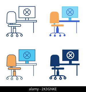 Office workplace with cross sign icon set in flat and line style. Vector illustration. Stock Vector