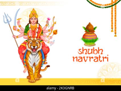 Sherawali Maa in Happy Durga Puja Subh Navratri Indian religious festival background with Hindi text Jai Mata Di means Hail Goddess Stock Vector