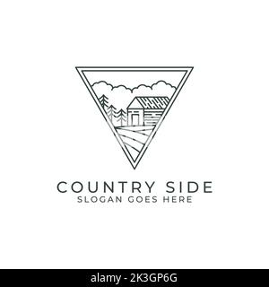 Country side outline logo design vector with triangle shape. line art with cabins in agriculture landscape vector Stock Vector