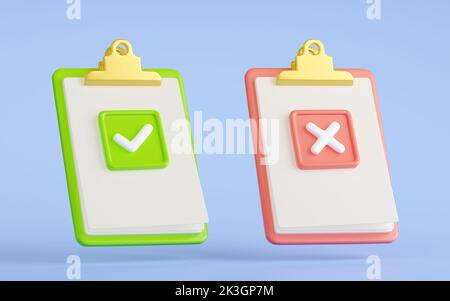 3d render accepted and denied documents on clipboard. White paper sheets on clip boards with tick and cross. Refuse work, project plan agreement and rejection, Cartoon illustration in plastic style Stock Photo