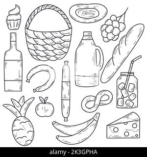 Picnic food doodle set. Sketch items for street nature party isolated doodle illustration. Collection of fruits, sausage, cheese and drinks hand drawn Stock Vector