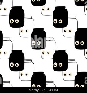 Seamless pattern with illustration a jars with eyes on a white background Stock Vector