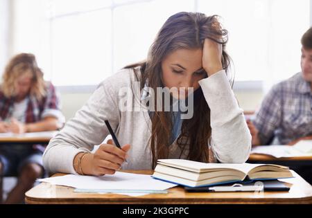 How will I handle this course load. An overworked young student sitting with her head in her hands. Stock Photo