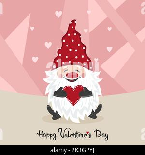 Valentines day card with cute gnome and red heart. Vector romantic illustration. Stock Vector