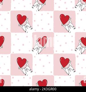 Valentines day seamless pattern with cute cats and red hearts Stock Vector