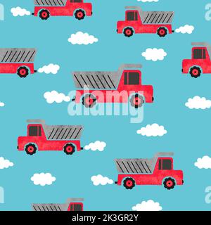 Seamless pattern with watercolor cartoon red trucks. Stock Vector