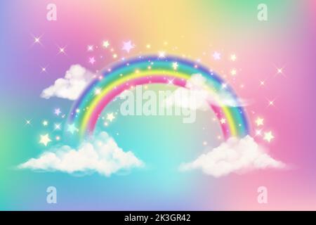 Bright arched rainbow with clouds realistic vector illustration on ...