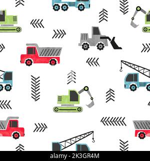 Seamless watercolor transport pattern with construction trucks. Stock Vector