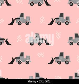 Seamless cartoon bulldozer transport pattern. Construction truck background. Stock Vector