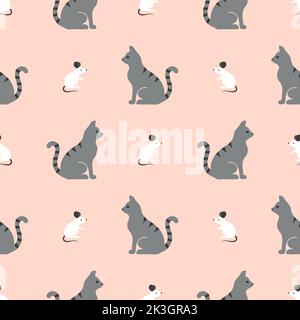 Seamless vector pattern with cute cartoon cats and mice. Stock Vector
