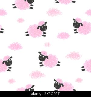 Cute sheep and clouds seamless pattern. Vector childish background. Stock Vector