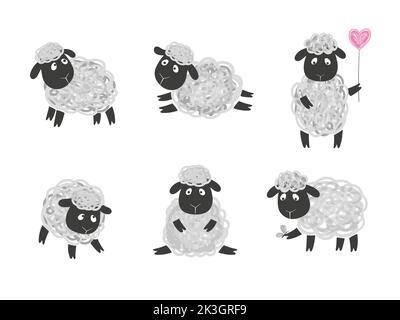 Set of cute sheep. Vector illustration of cartoon lambs. Stock Vector
