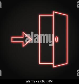 Open door with arrow neon icon. Exit sign. Vector illustration. Stock Vector