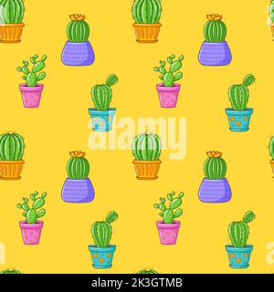 Seamless pattern with different cactus, succulent plant in bright flower pot. Cartoon Cacti. Hand drawing background with houseplants. Vector illustra Stock Vector