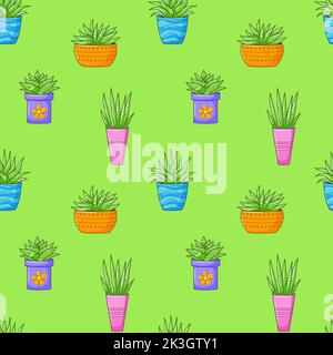 Seamless pattern with different cactus, succulent plant in bright flower pot. Cartoon Cacti. Hand drawing background with houseplants. Vector illustra Stock Vector