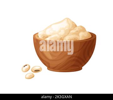 Soy flour in wooden bowl with seeds. Healthy gluten free food. Powde in organic product. Vector illustration isolated on white background. Stock Vector