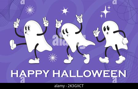 Halloween mascot in retro style. Halloween characters including ghosts with gloved hands. Boo banner pack of funny cartoon Stock Vector