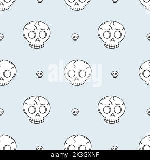 Seamless pattern with line art skulls on a pastel blue background Stock Vector