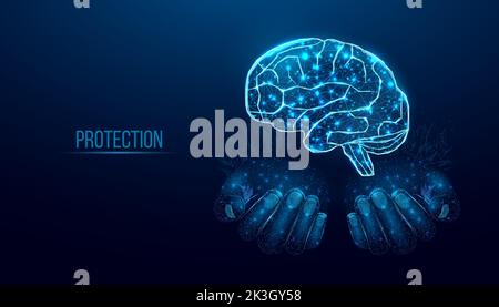 Two human hands are holds human brain. Support healthy brain concept. Wireframe glowing low poly design on dark blue background. Abstract futuristic Stock Vector